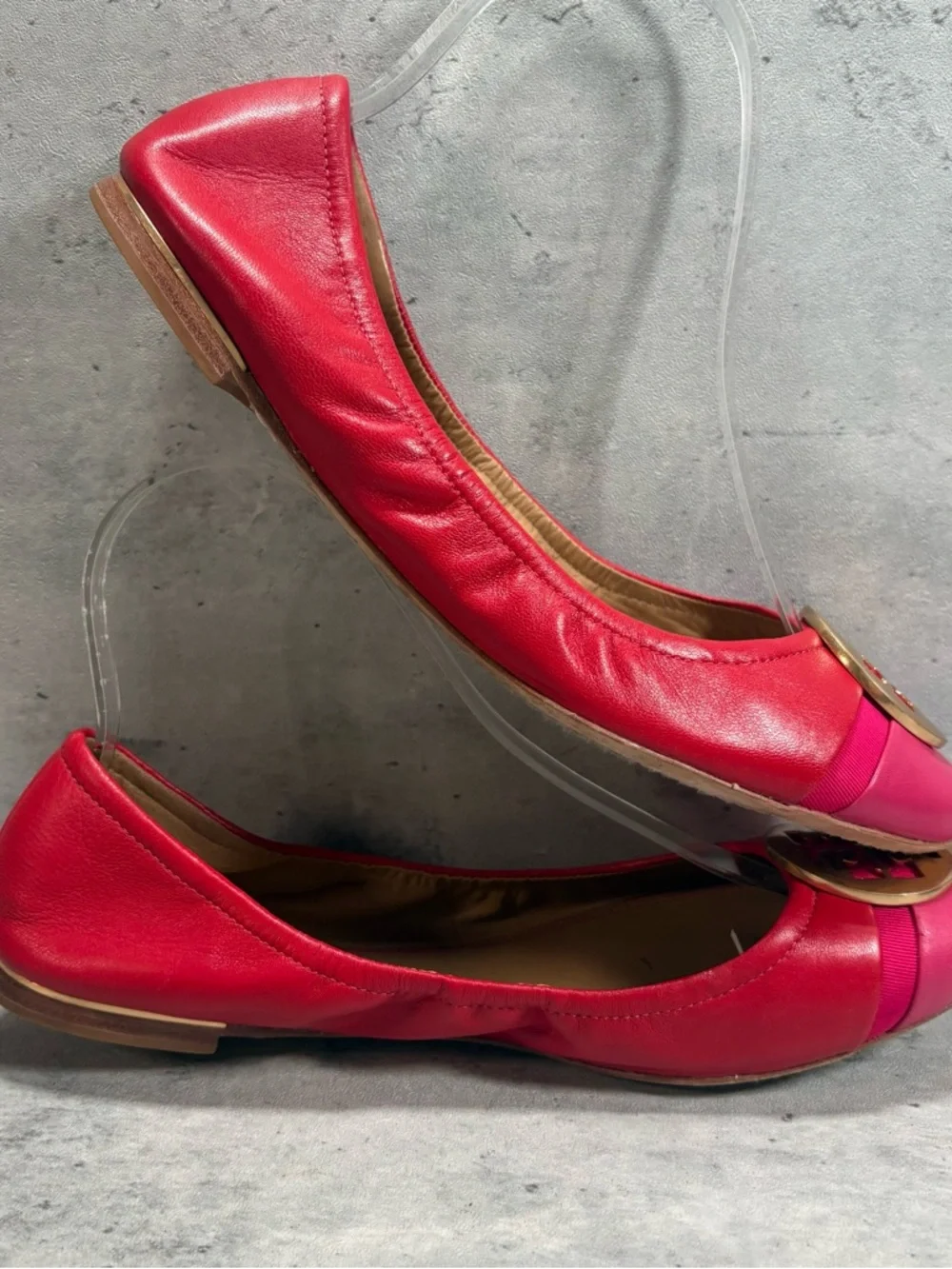 Tory Burch Leather Minnie Cap Toe Flats Red Pink Gold Logo Womens Size 9.5 M